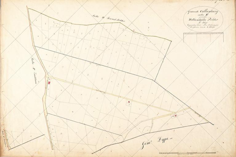 Op deze kadasterkaart 1811/1832 is niets te zien wat mogelijk duidt op een eendenkooi. Let op, het noorden is rechts.