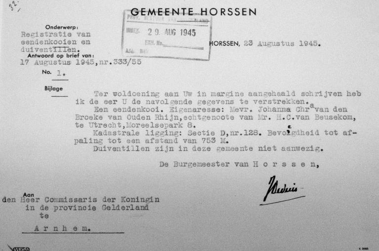 De registratie van de kooi in 1945. Deze hernieuwde registratie gold voor alle gelderse kooien omdat de centrale registratie bij de slag om Arnhem verloren was gegaan.